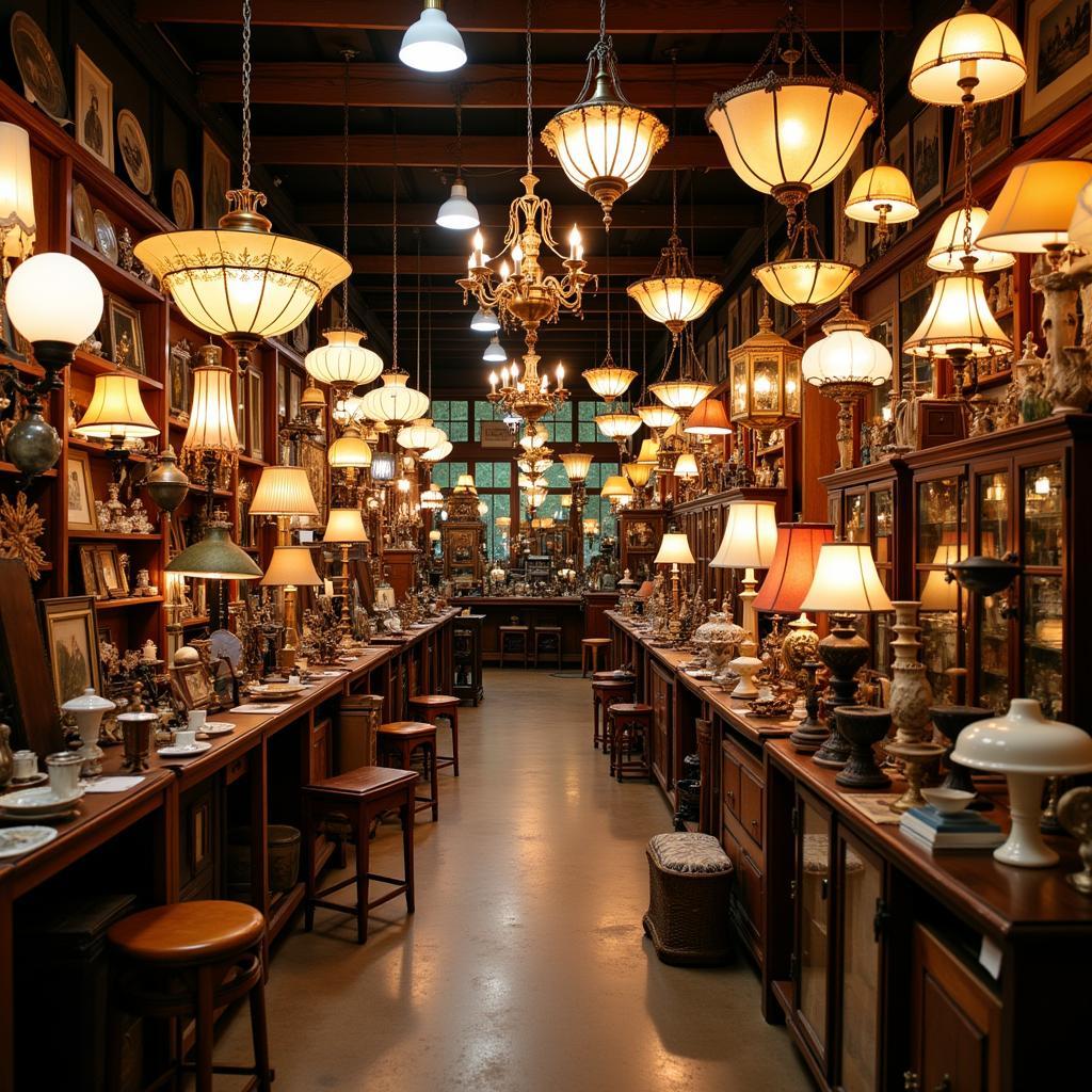 An antique shop showcasing various vintage chandeliers