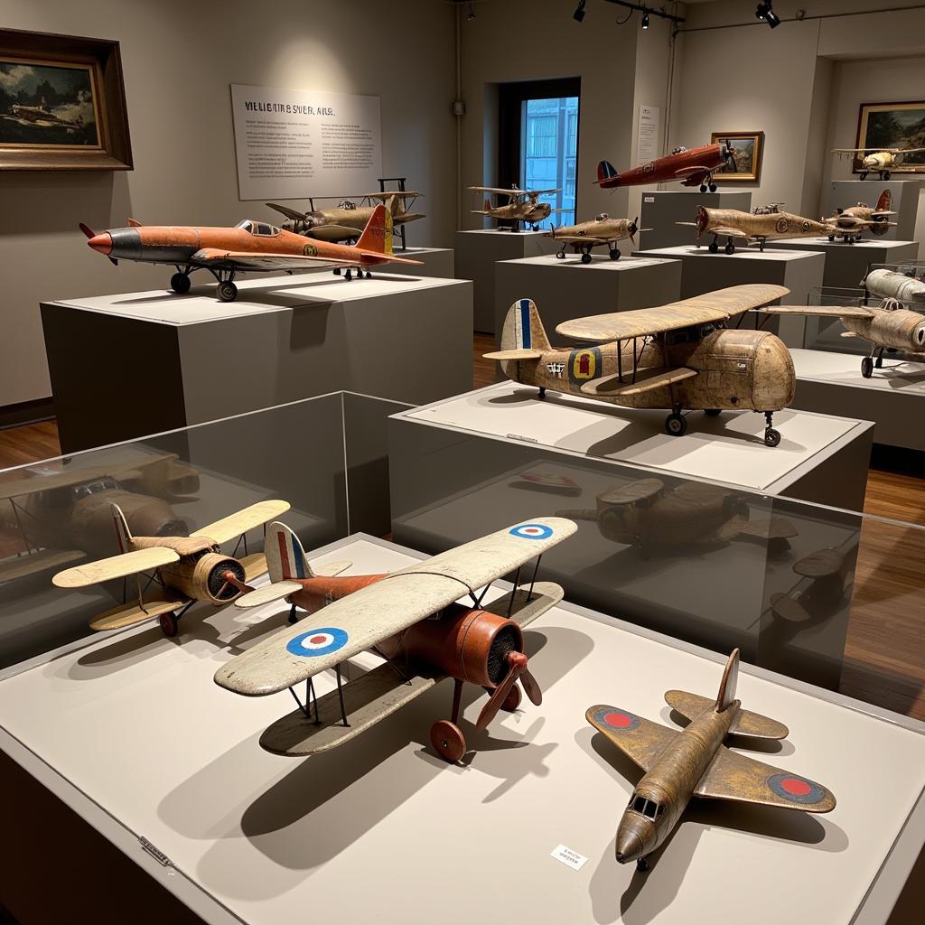 A Collection of Trench Art Airplanes in a Museum Display Case