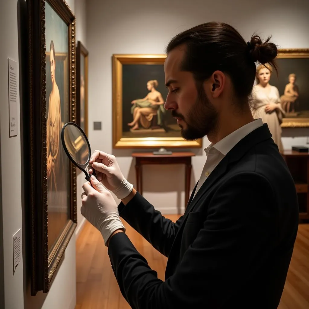 Appraiser examining artwork in a Boston gallery