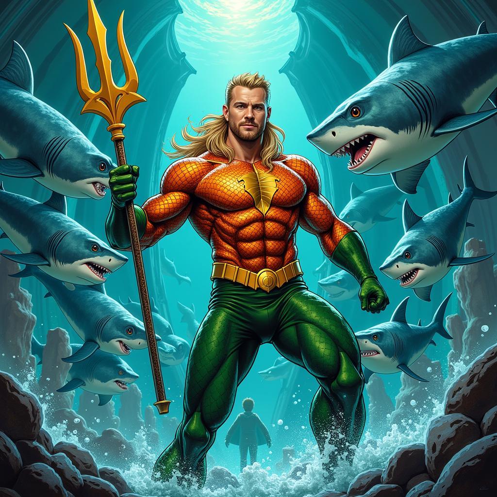 Aquaman comic book cover art depicting Aquaman commanding a school of sharks against a backdrop of Atlantis