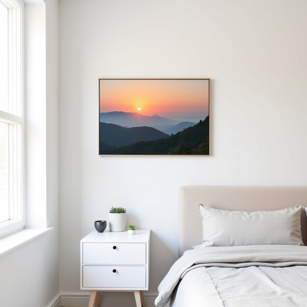 Serene Landscape Art Above Nightstand