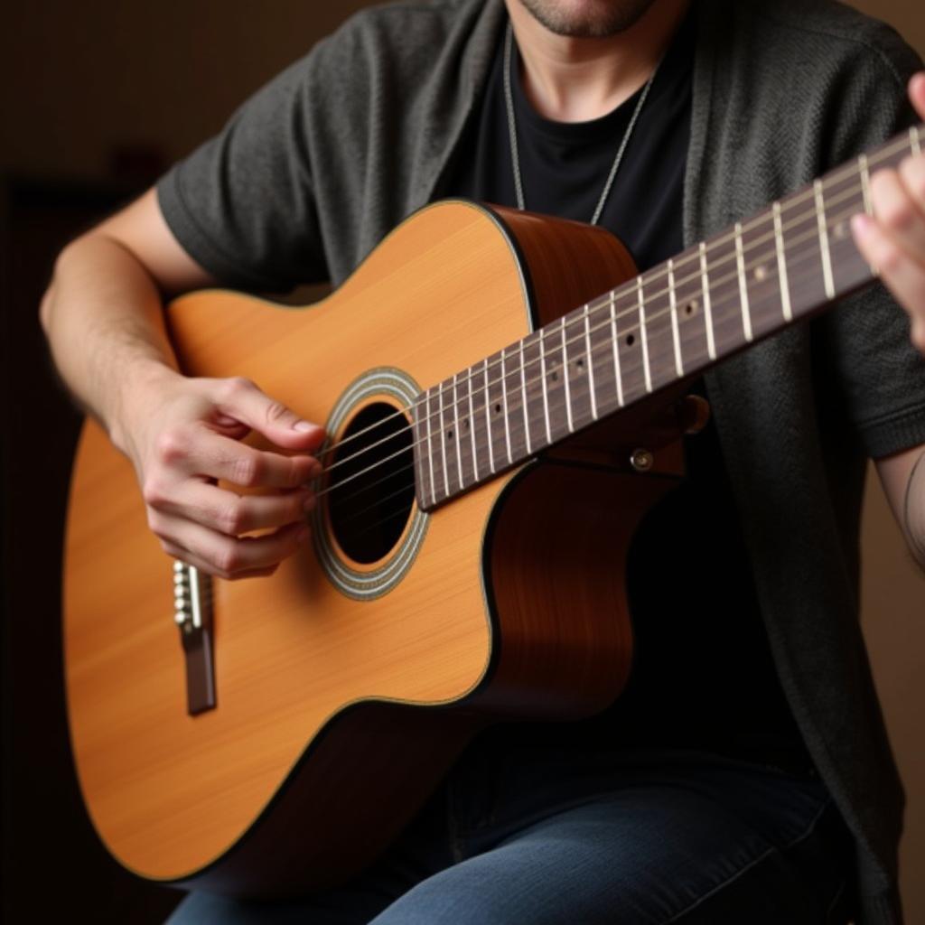 A musician plays an Art and Lutherie cedar guitar, demonstrating its comfortable playability and warm tone.