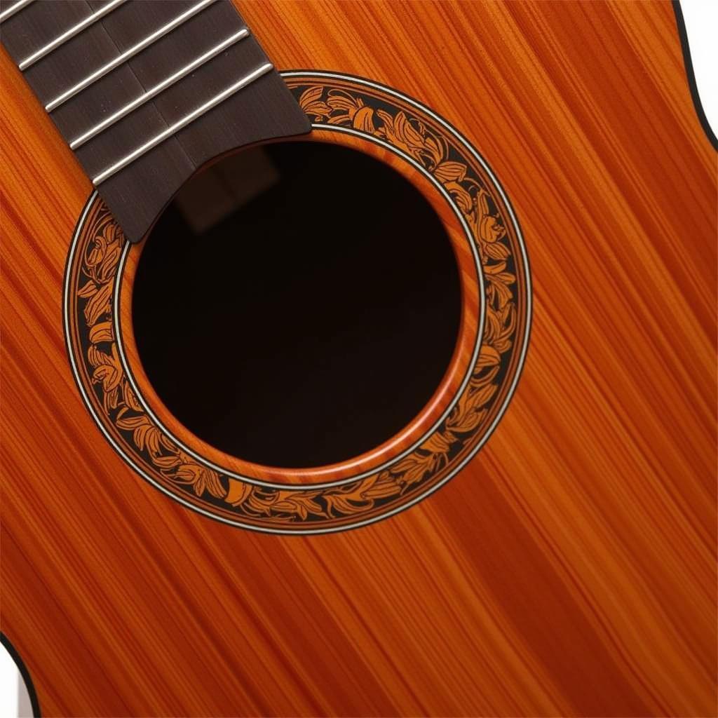 Close-up view of an Art and Lutherie cedar top guitar highlighting the wood grain and craftsmanship.