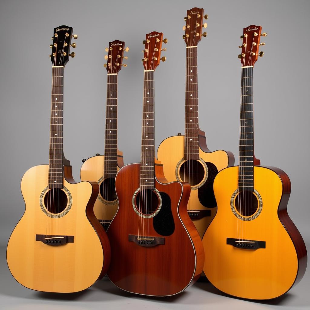 A variety of Art and Lutherie cedar guitar models are displayed, showcasing the different body shapes and finishes available.