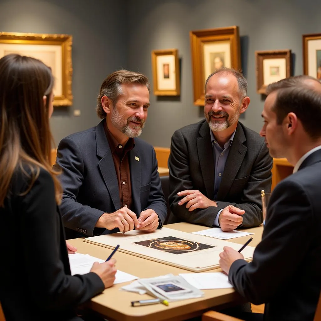 A group of art appraisers discussing artwork