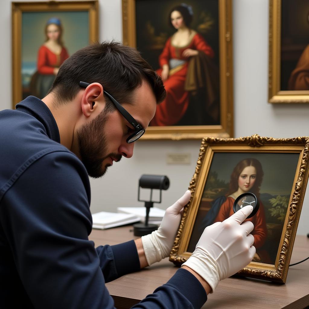 Art expert authenticating a painting