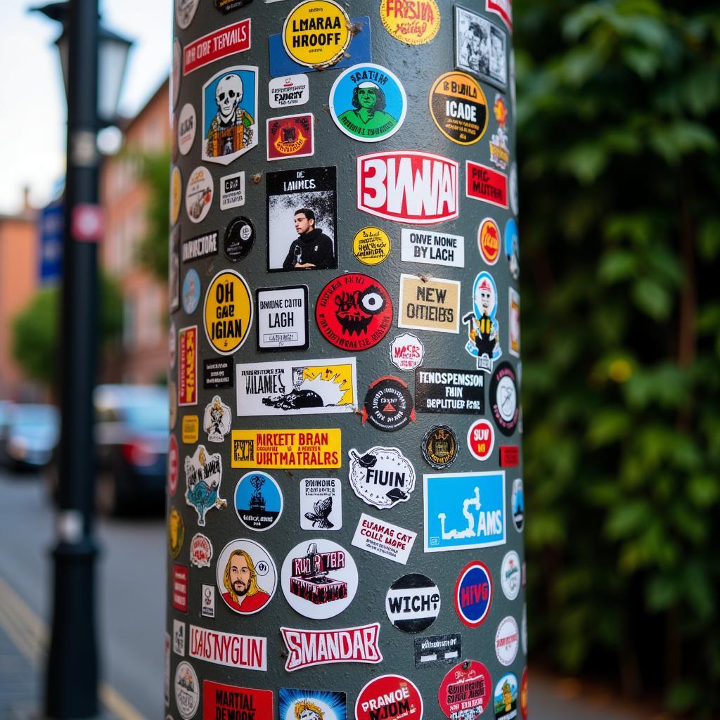 A collection of colorful and creative stickers on a lamp post