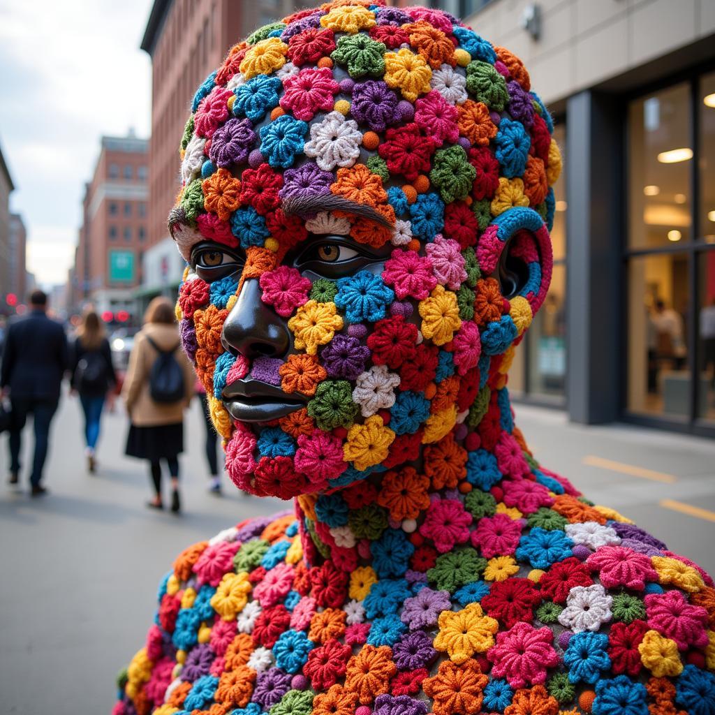 Colorful yarn installation on a public sculpture