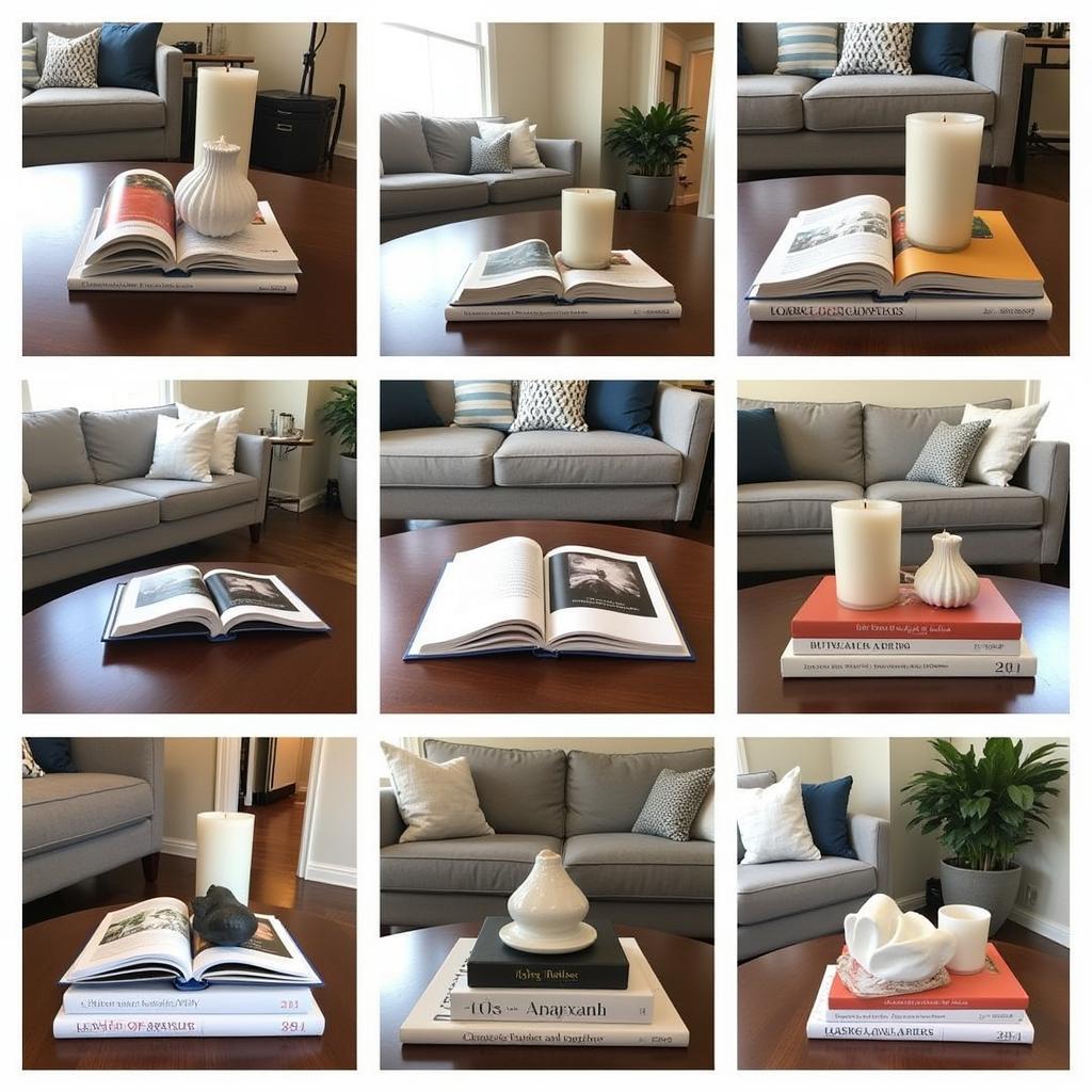 Various ways to arrange art books on a coffee table.