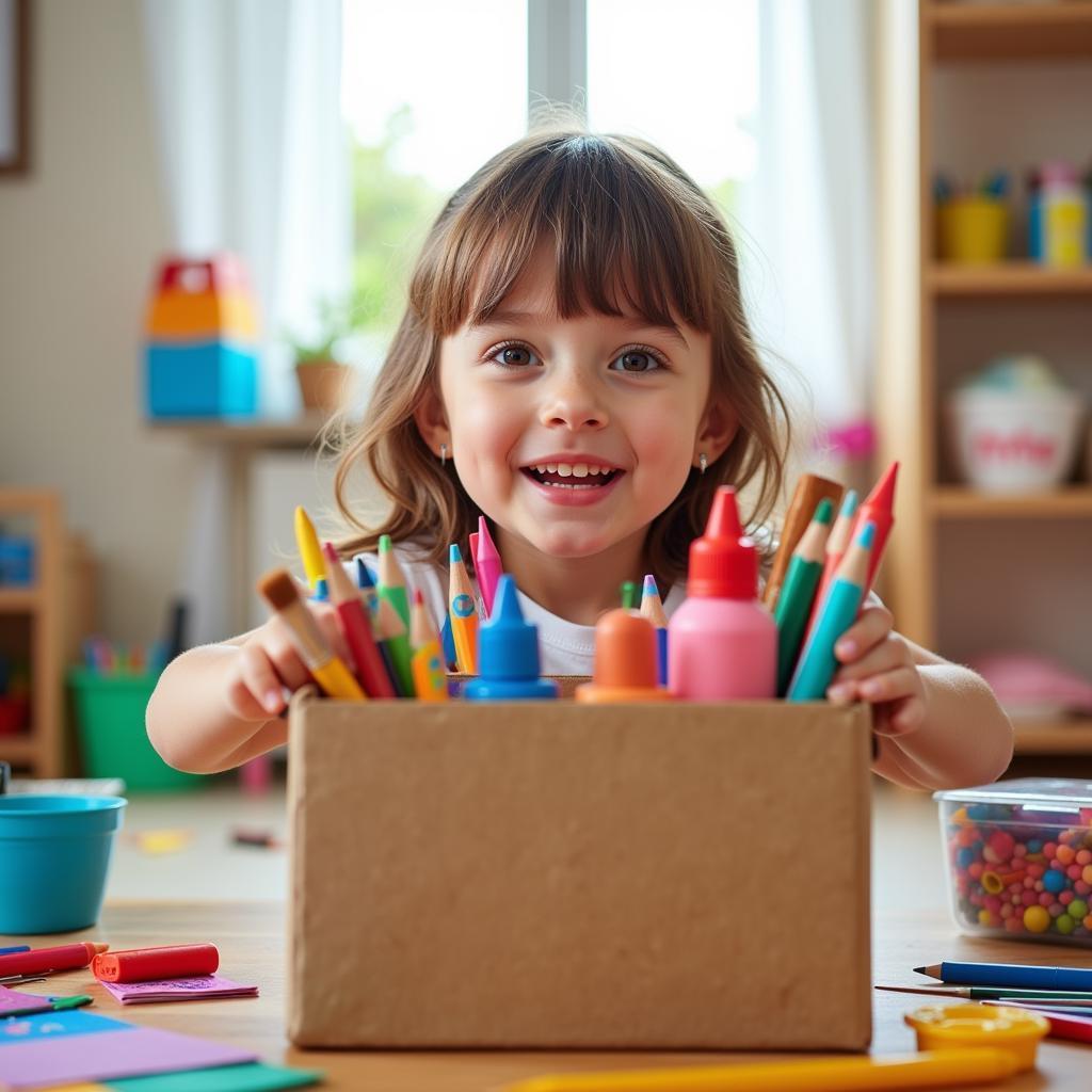 A child excitedly opens an art box filled with colorful supplies.