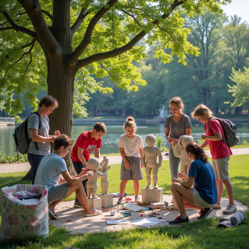 Students participating in an outdoor sculpture workshop during art camp spring break