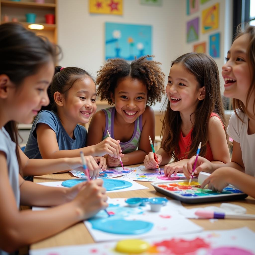 Students painting during art camp spring break