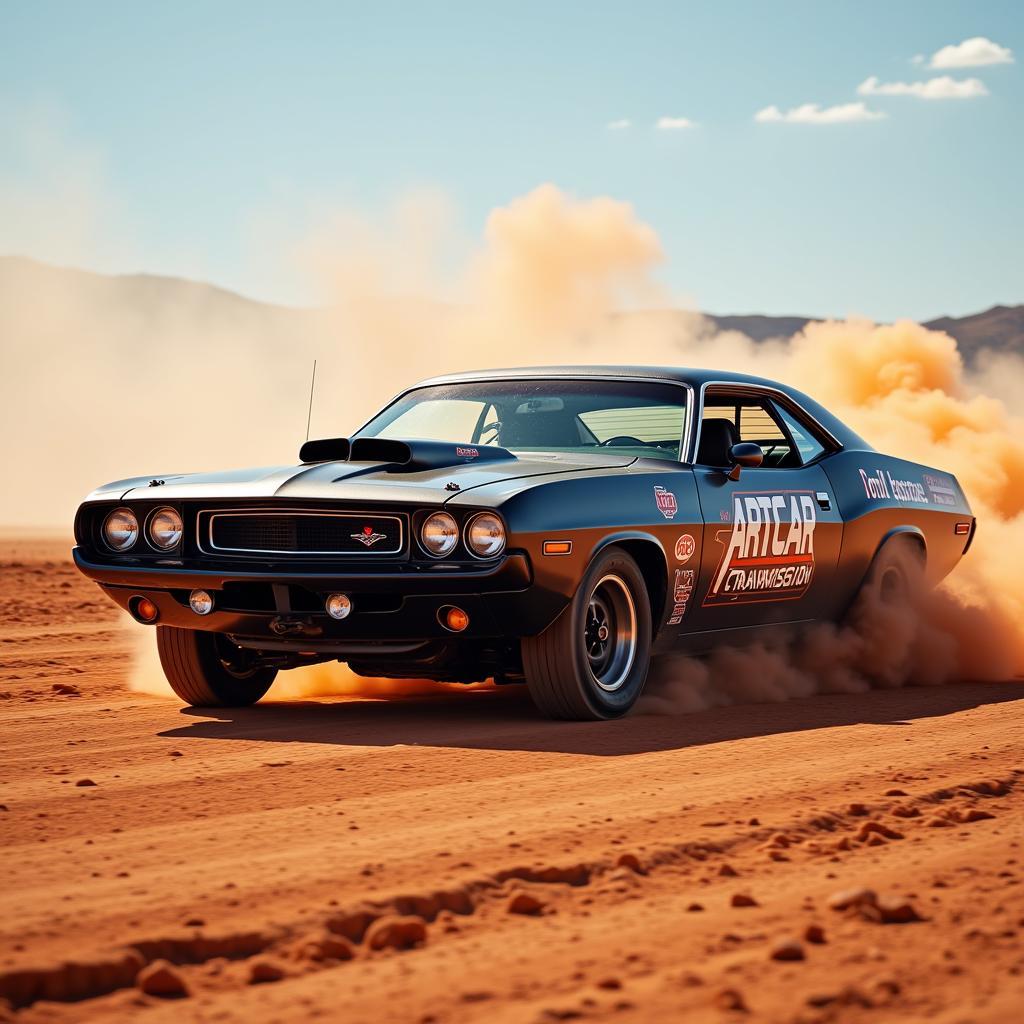 A vintage race car with an Art Carr Transmission logo speeds around a track.