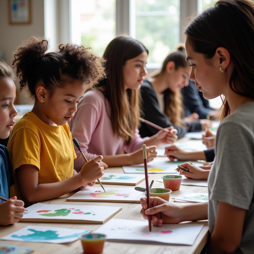 Students engaged in an art class