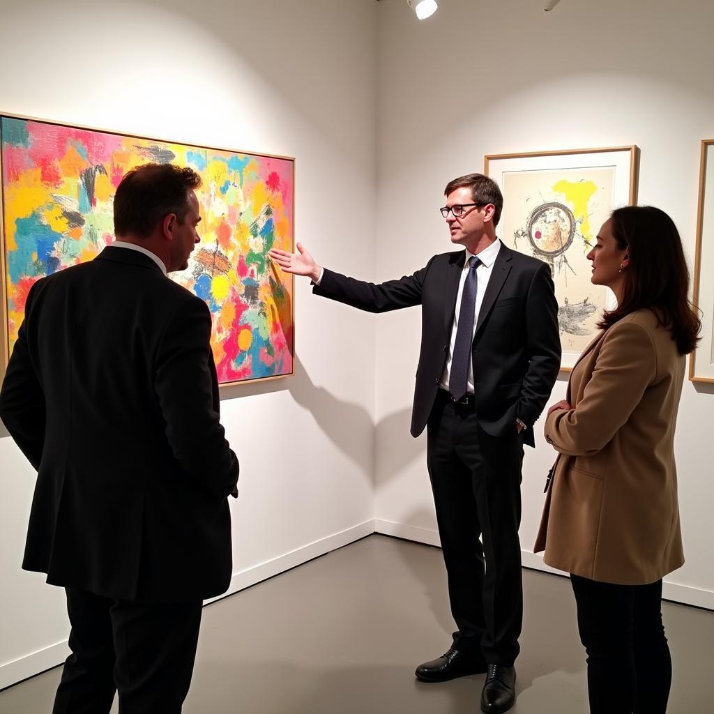 Art collector and gallery owner discussing a painting in a contemporary art gallery setting.