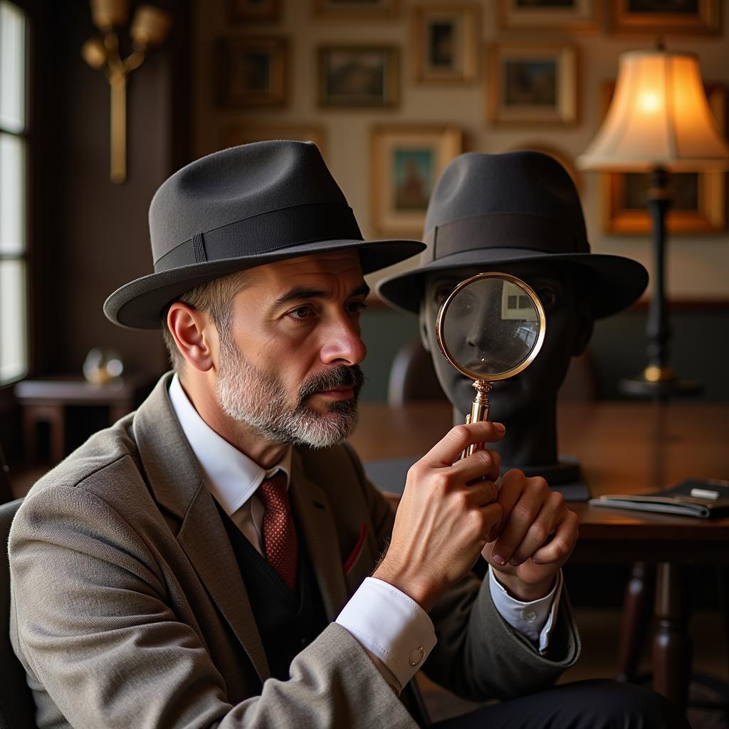 Art collector carefully examining an art market hat