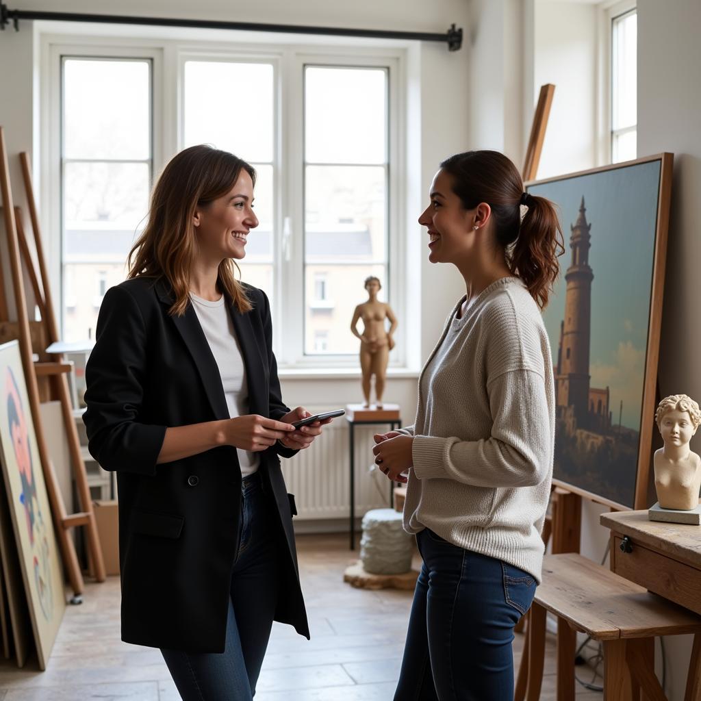 Art consultant discussing artwork with artist in studio