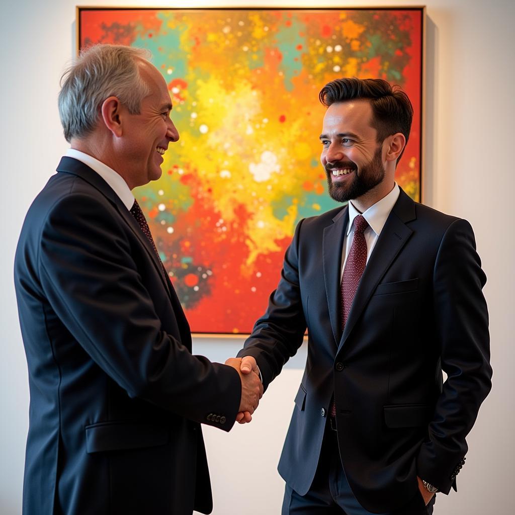 Art dealer and artist shaking hands over a consignment agreement in a gallery