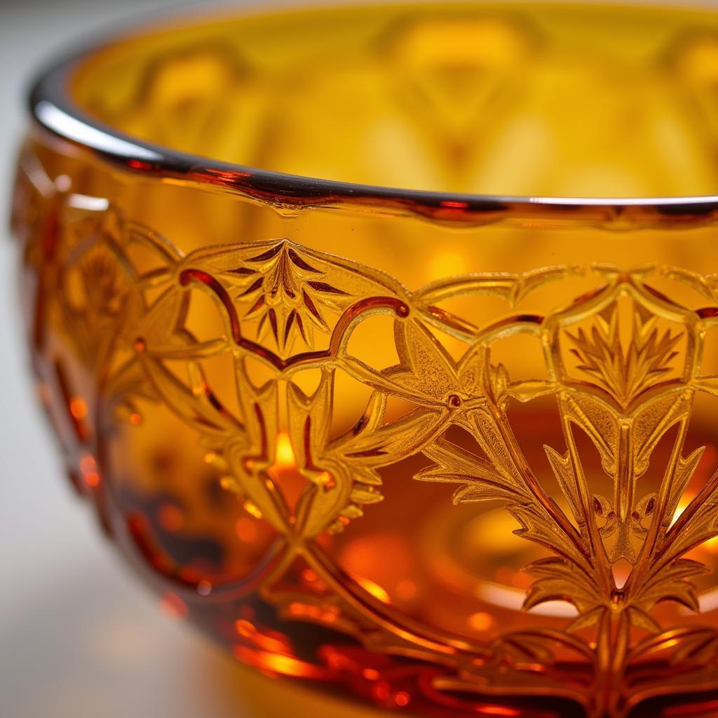 Art Deco amber glass bowl with intricate geometric patterns