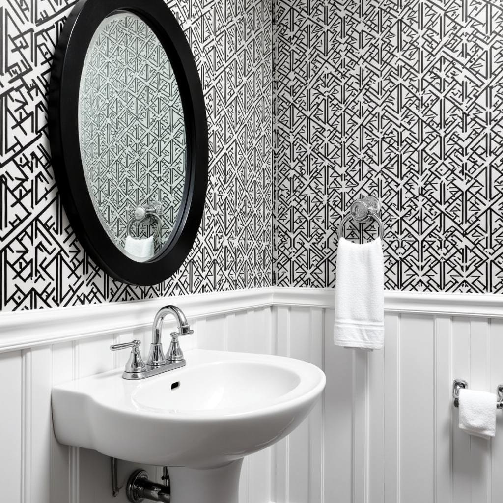 Art Deco Bathroom with Black and White Wallpaper and Chrome Fixtures