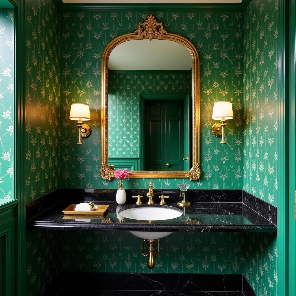 Art Deco Bathroom with Emerald Green Wallpaper and Gold Accents