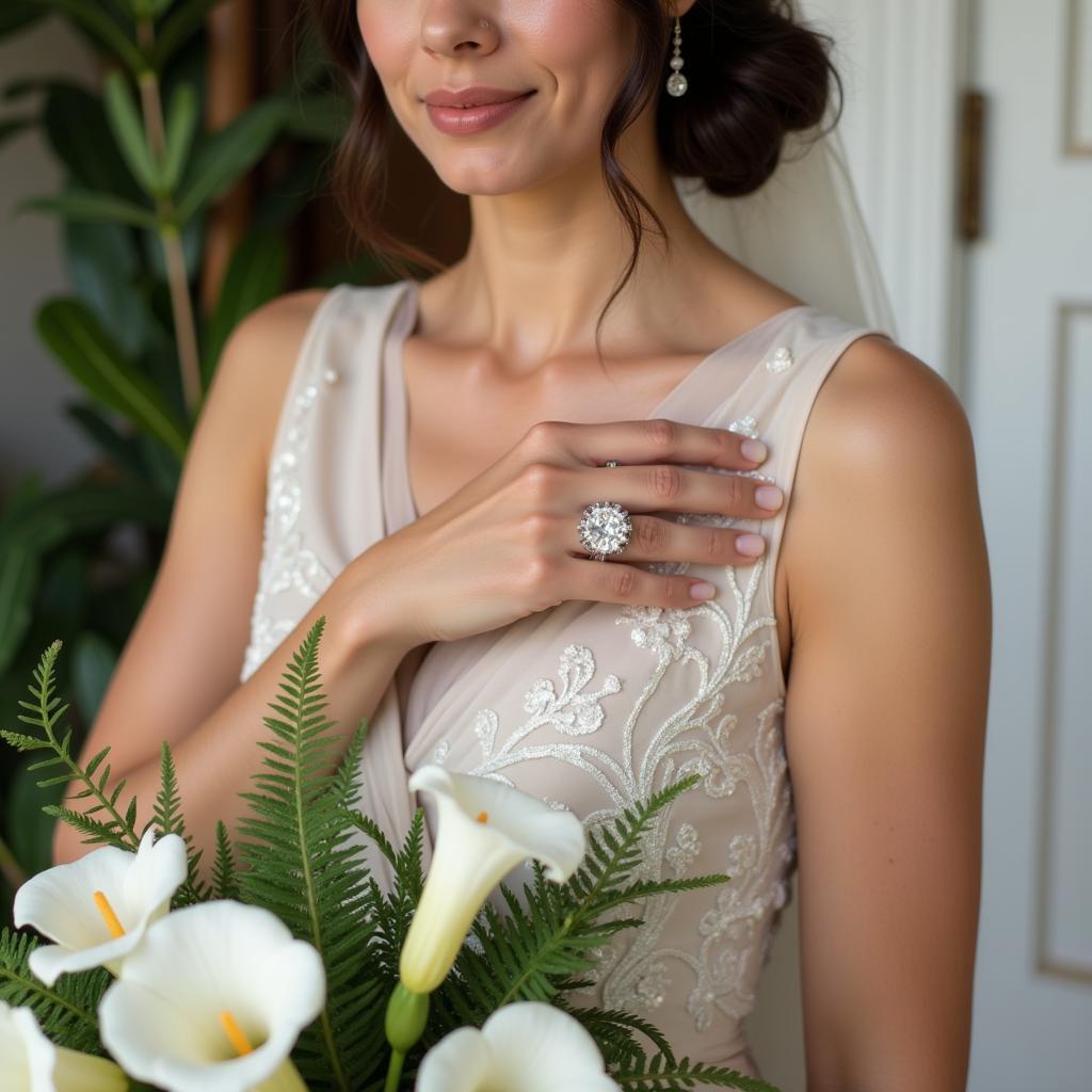 Bride wearing an Art Deco bridal set and holding a bouquet