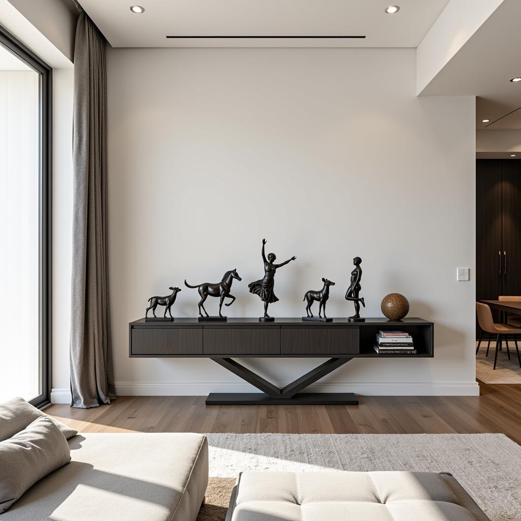 Collection of Art Deco bronze statues displayed in a modern interior