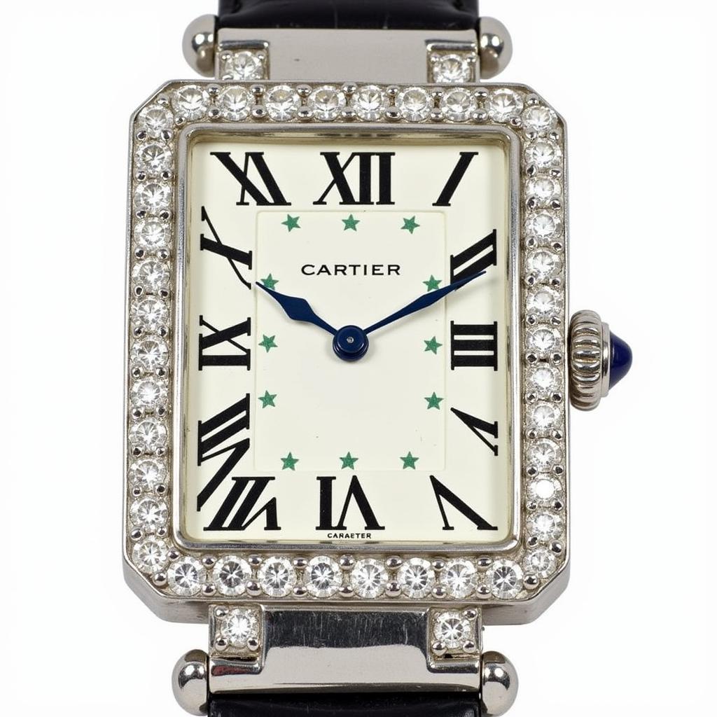 A close-up view of an Art Deco Cartier watch, showcasing its intricate geometric patterns and luxurious materials.