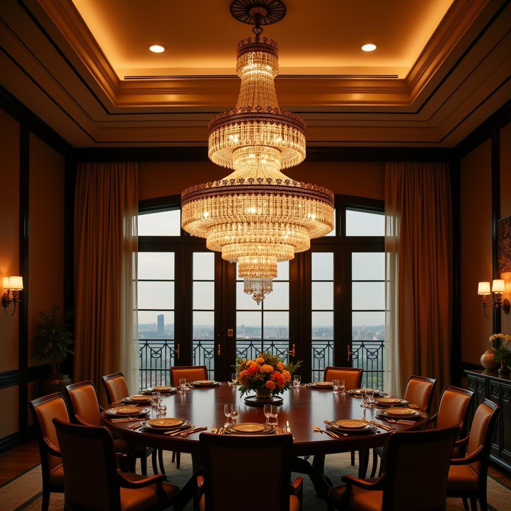 An Art Deco chandelier illuminating a grand dining room