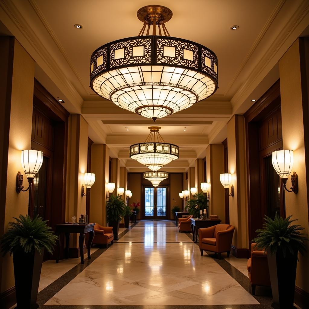 Art Deco Chandelier illuminating a grand hotel lobby