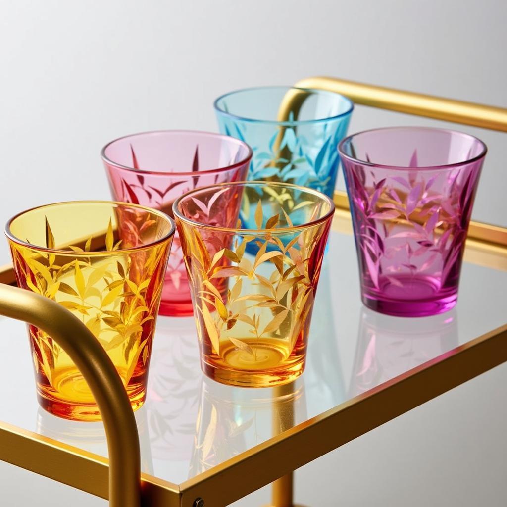 Art Deco cocktail glasses on a bar cart