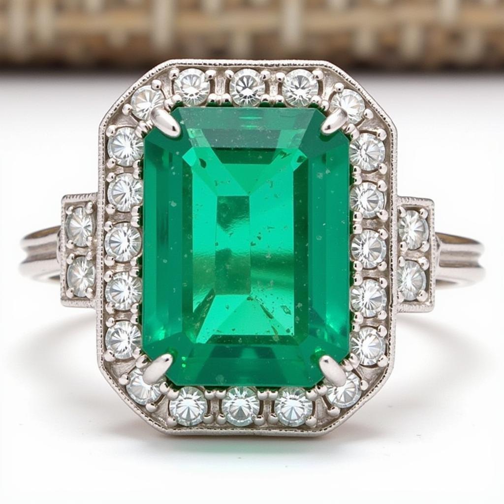 Art Deco platinum ring with emerald cut emerald and diamond accents