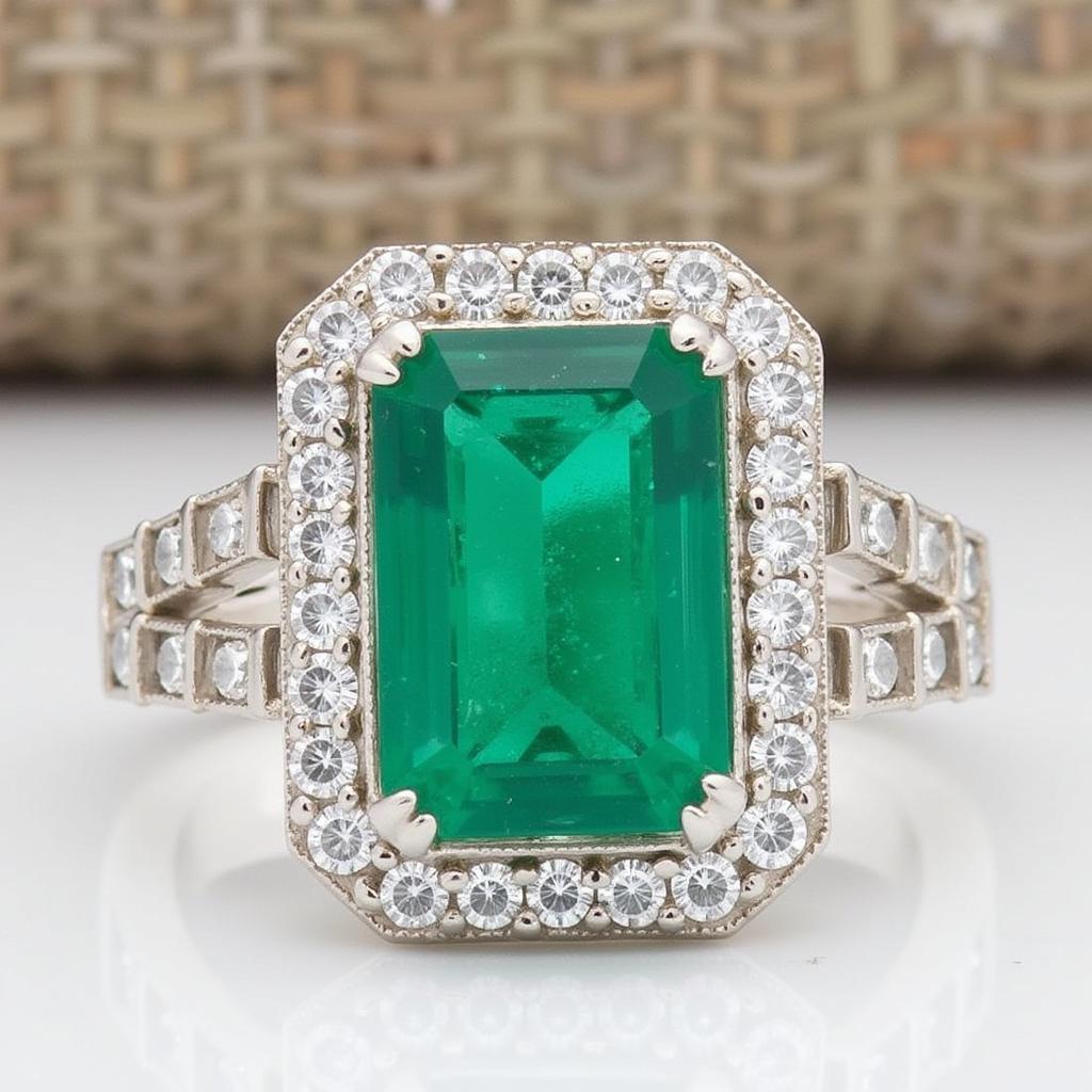 Art Deco emerald ring with a diamond halo