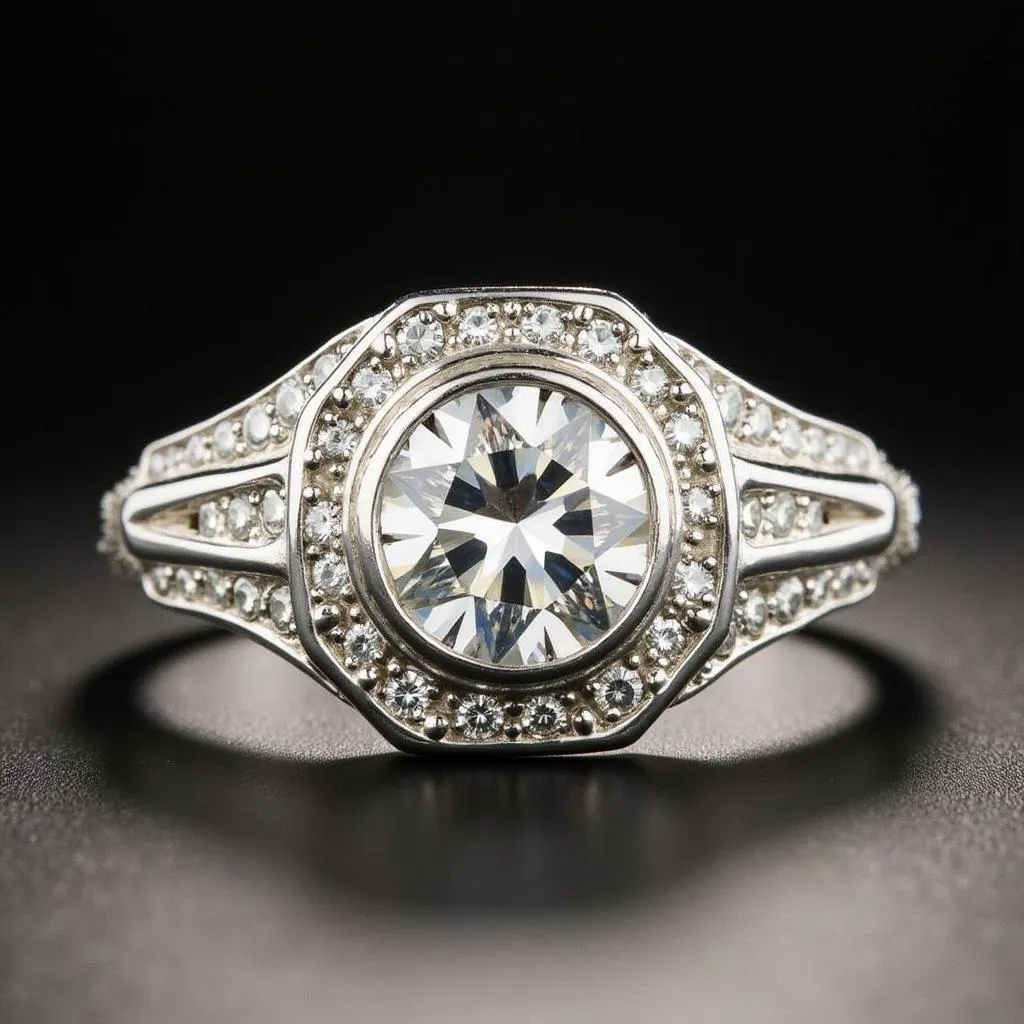 Art Deco engagement ring with a central diamond surrounded by smaller diamonds