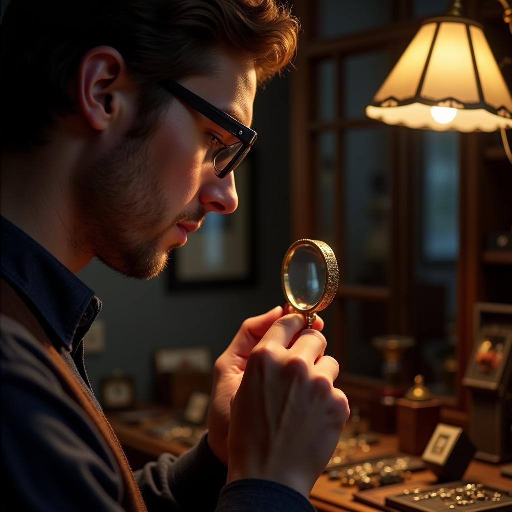 Antique Jewelry Expert Examining an Art Deco Engagement Ring