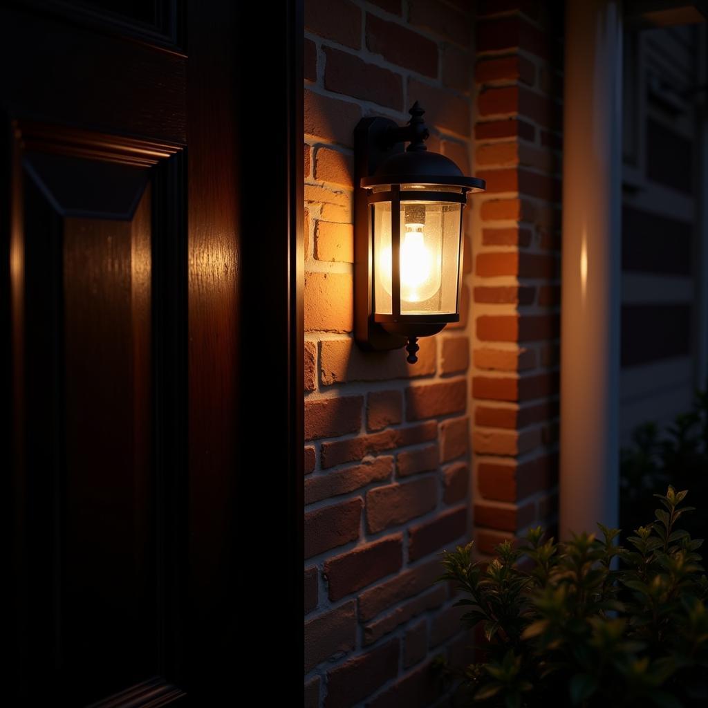 Art deco exterior wall light illuminating a brick wall