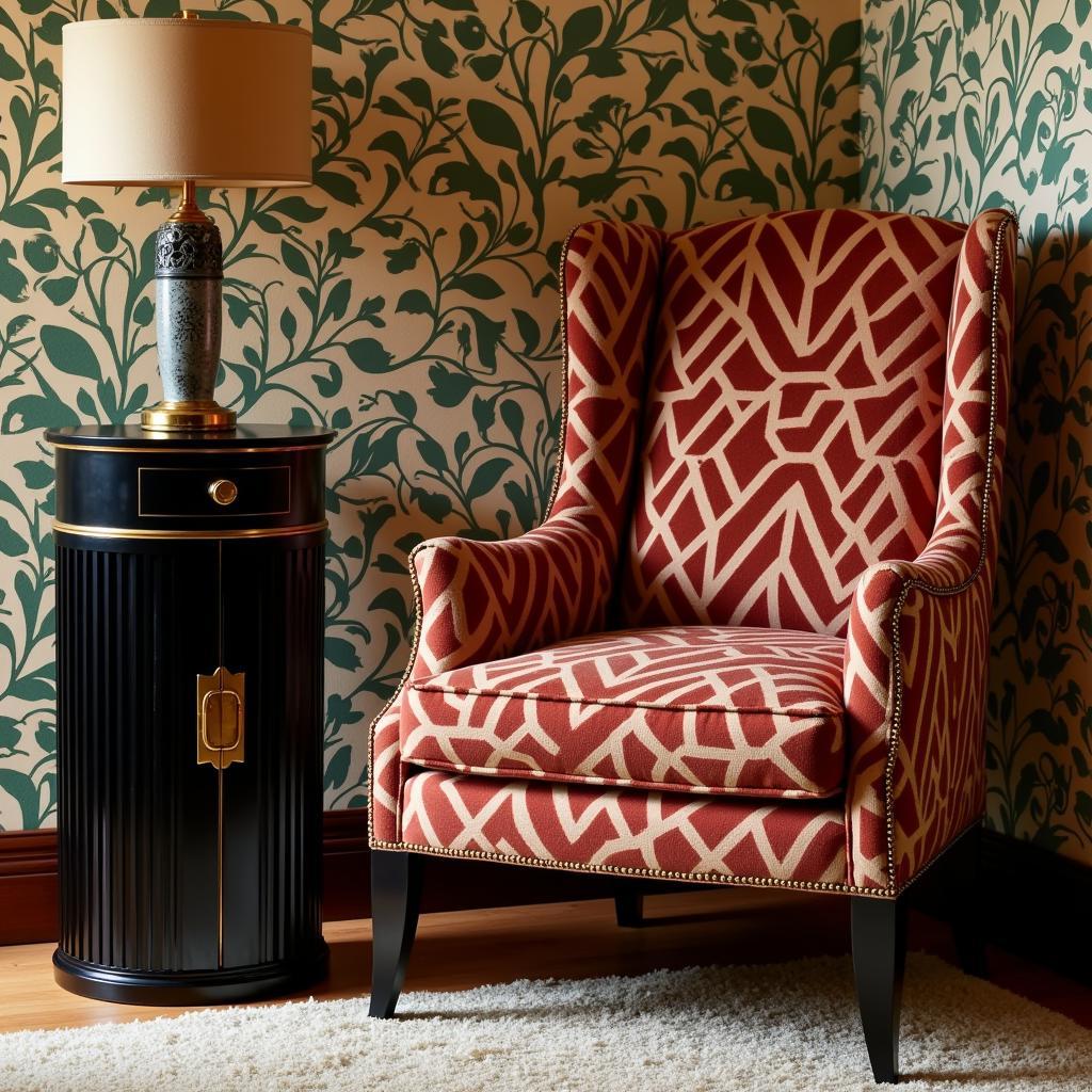 A close-up shot highlighting Art Deco's signature geometric patterns and furniture designs.