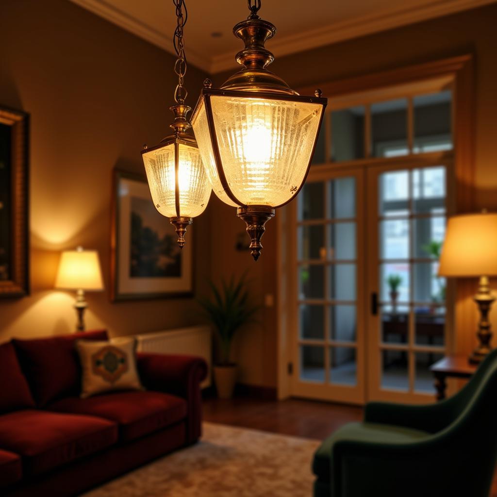 Art Deco hanging light fixture illuminating a lavish living room