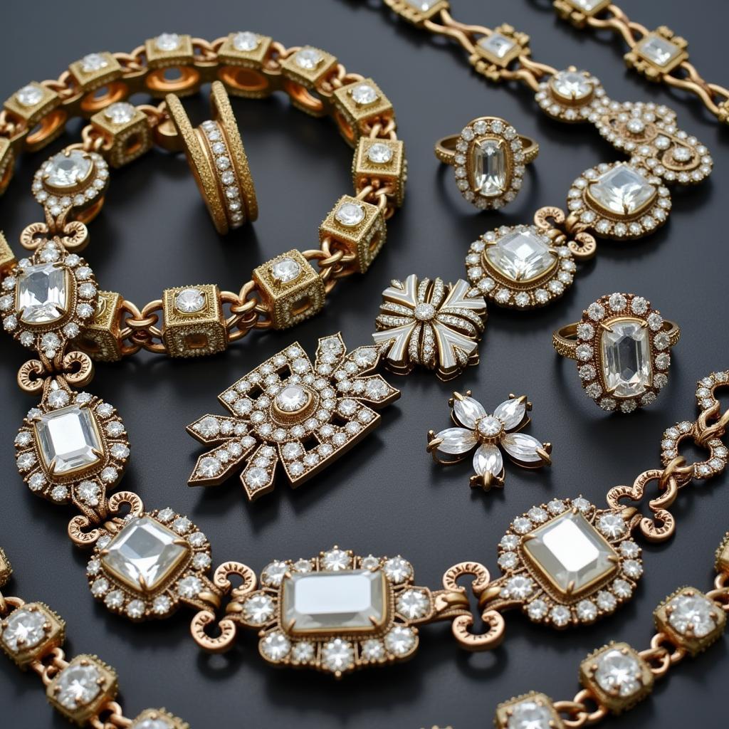 A collection of antique Art Deco jewelry, including rings, bracelets, and necklaces