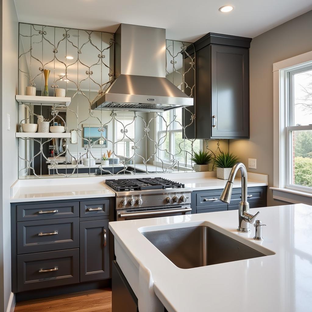 Modern kitchen with Art Deco backsplash featuring mirror tiles