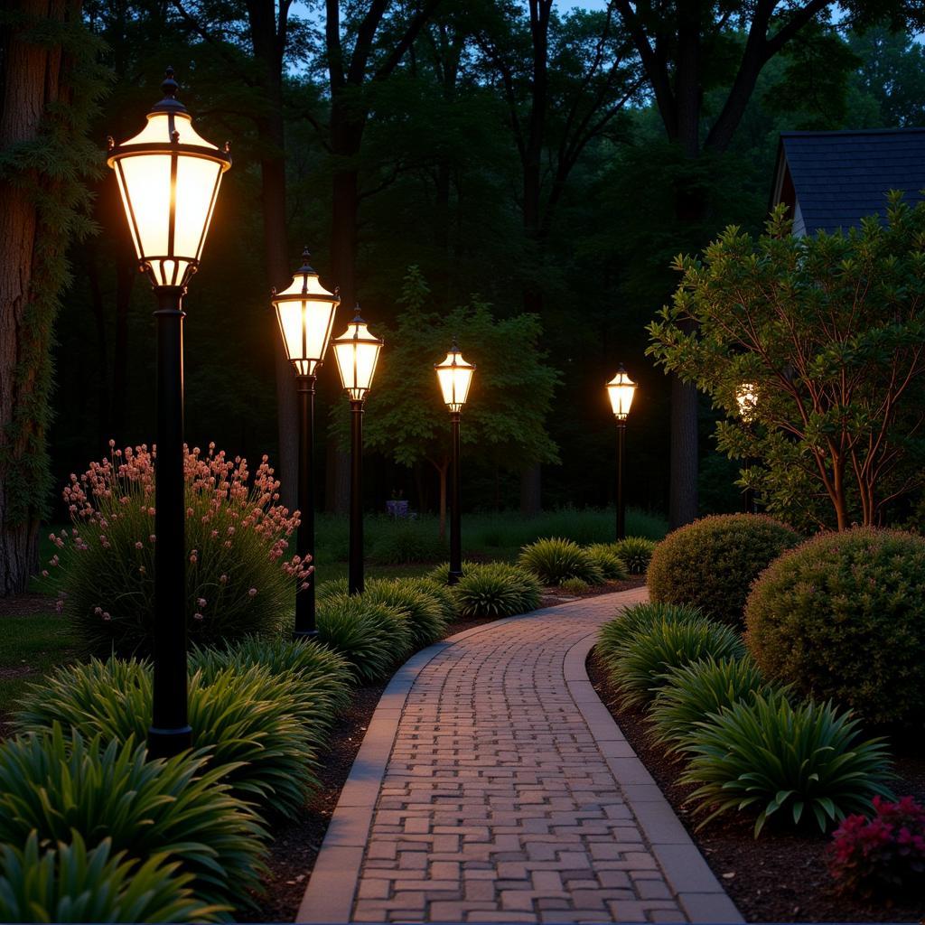 Art Deco Lamp Posts Lining a Garden Pathway