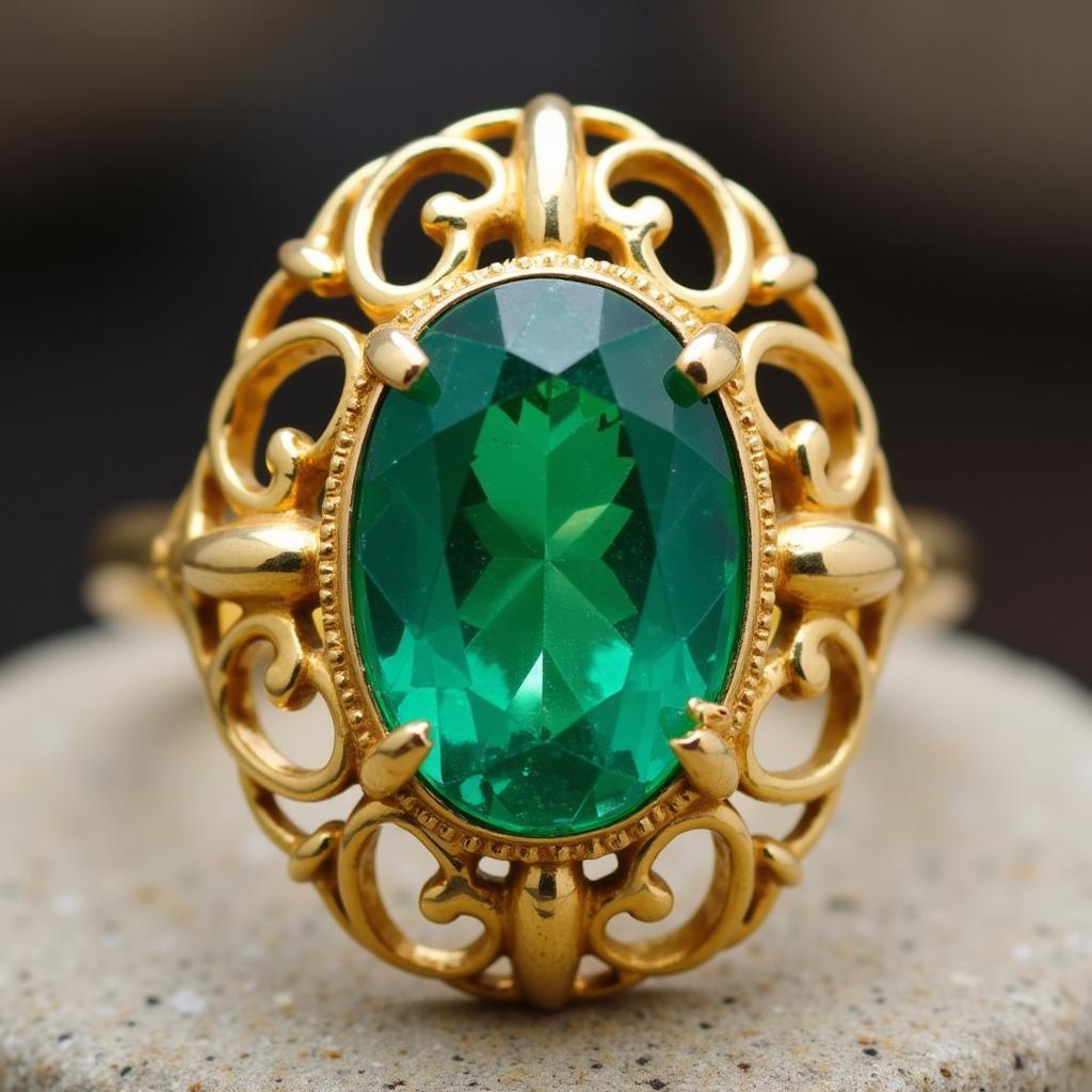 Art Deco Oval Ring with Emerald and Filigree in Yellow Gold