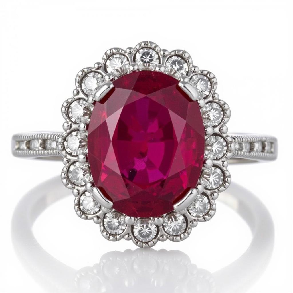 Art Deco Oval Ring with Ruby and Halo Setting in Platinum