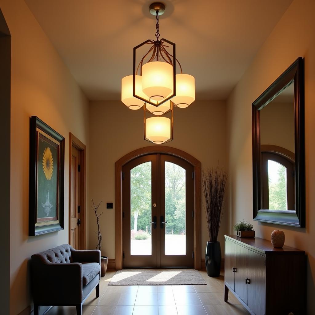 Art Deco pendant light illuminating an entryway