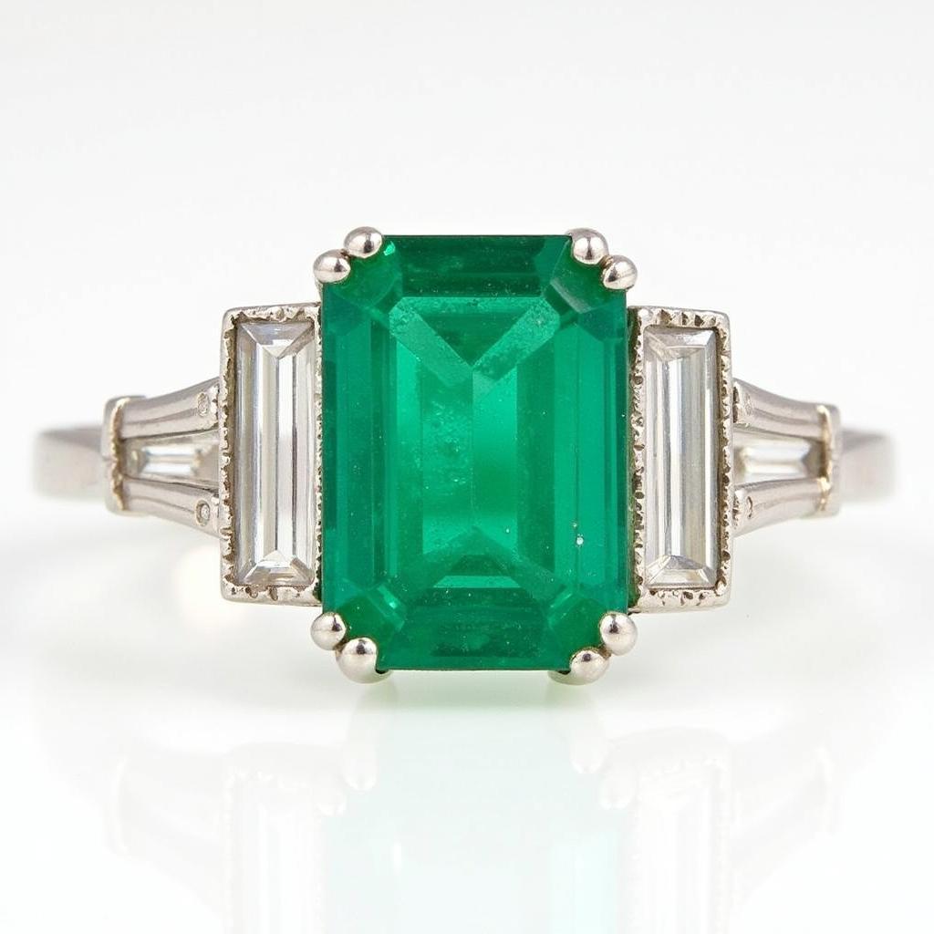 Art Deco Platinum Ring with Emerald and Diamonds