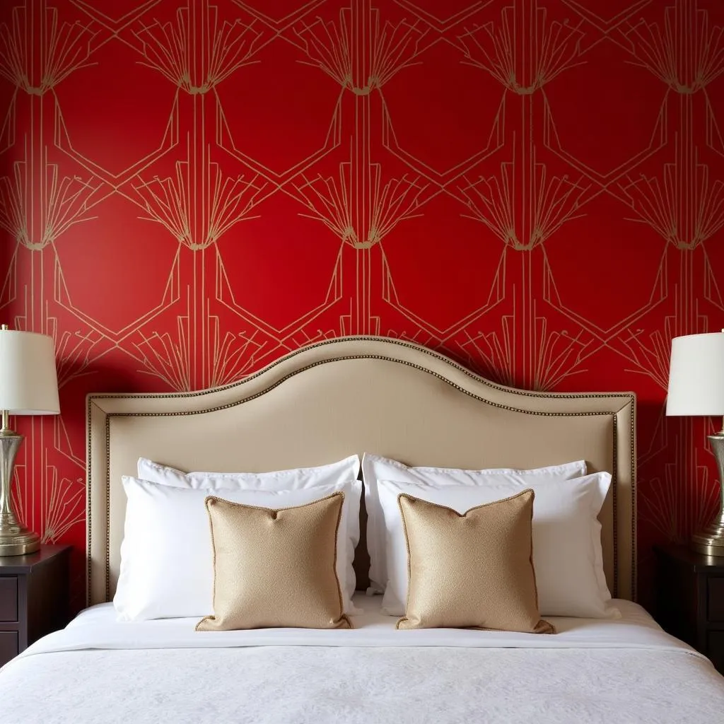 Art Deco Red Wallpaper behind Headboard