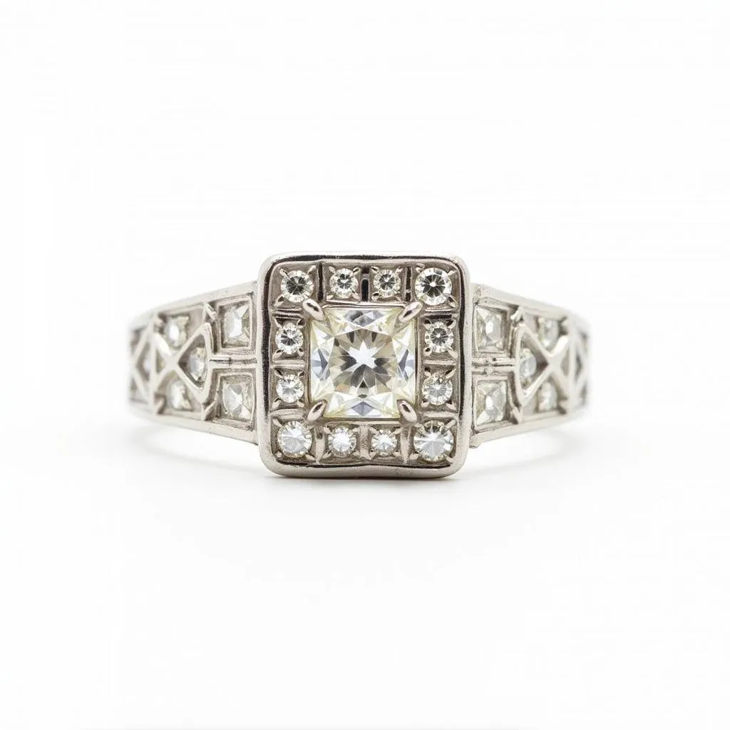 Art Deco square ring with a square-cut diamond in a platinum setting, surrounded by smaller diamonds that form a geometric pattern around the stone