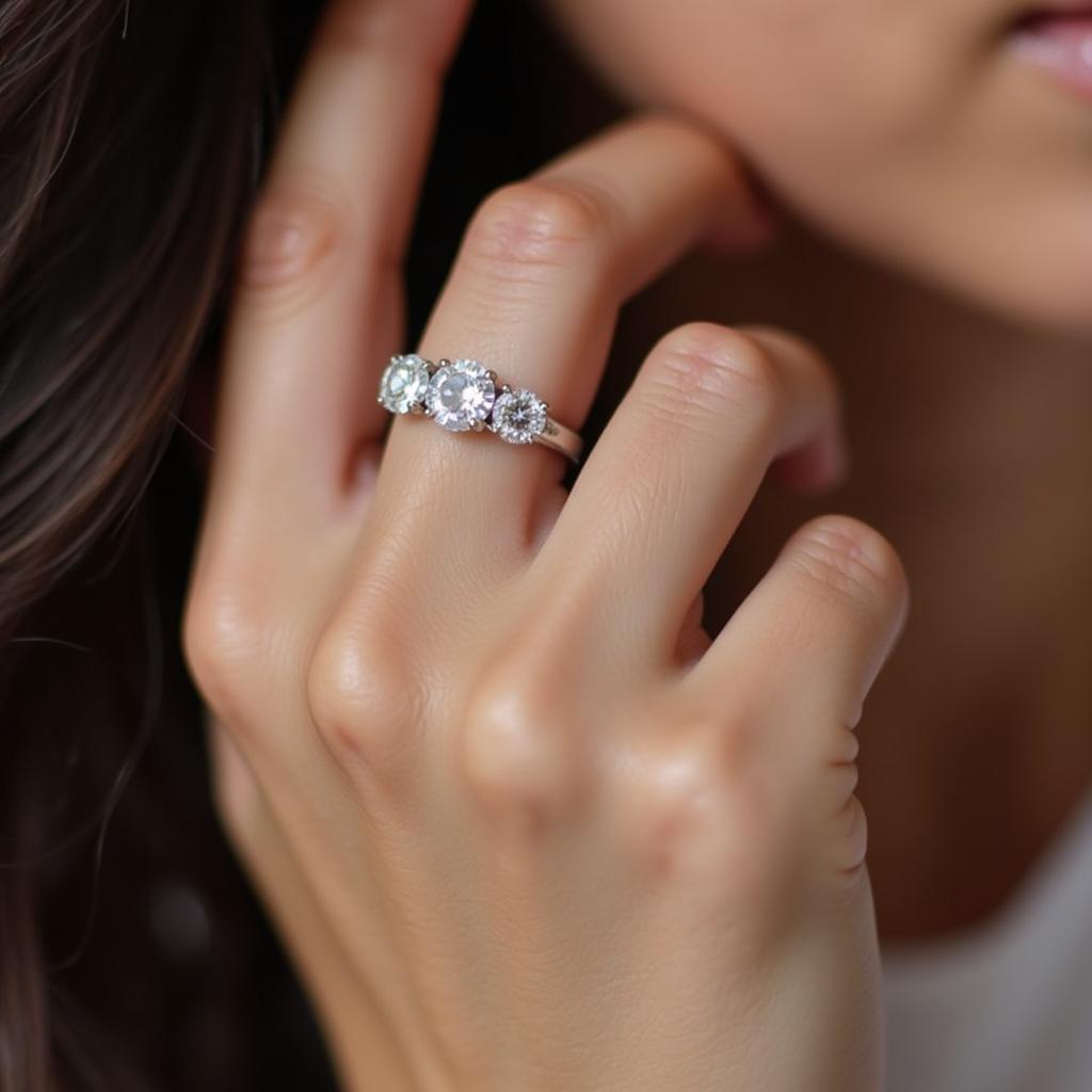 Art Deco Three Diamond Ring on Hand