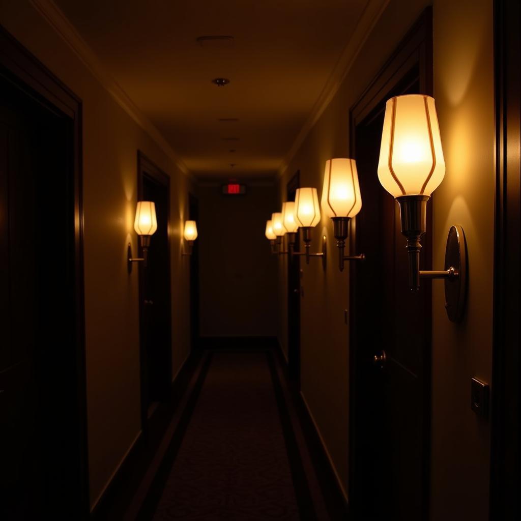 Art Deco Wall Sconces Illuminating a Hotel Corridor