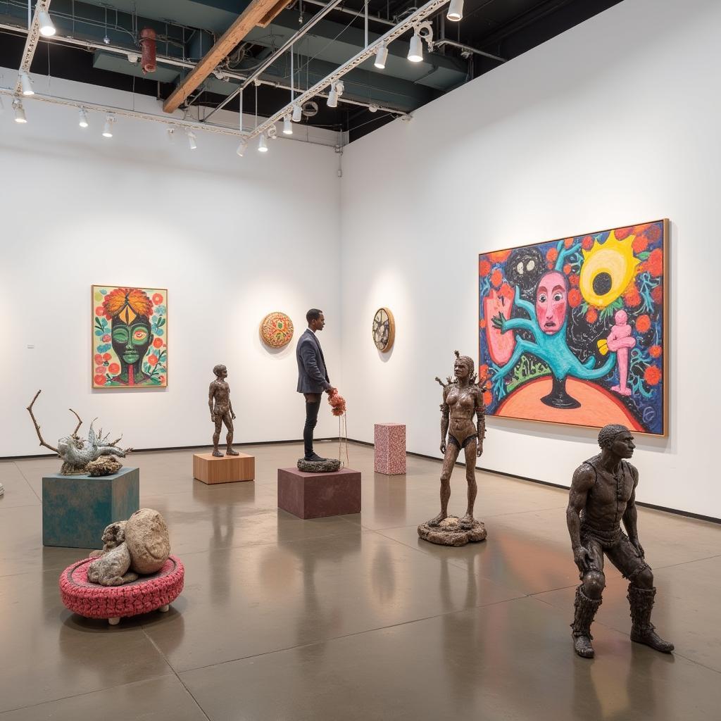 A gallery displaying a diverse collection of eccentric art, from sculptures to installations.